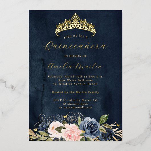 ブルーミングピンクネイビーフローラ蝶キンセアニェラ 箔招待状 (正面)