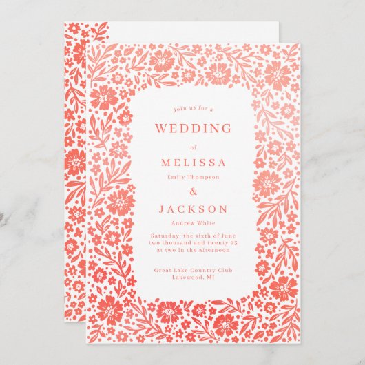 ブルーミングフレーム結婚式招待状コーラルピンク 招待状 (正面/裏面)