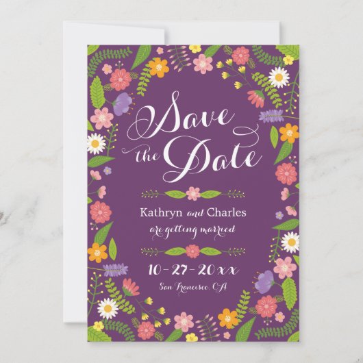 ブルーミングフローラ素朴フレームの写真日付の保存 招待状 (正面)