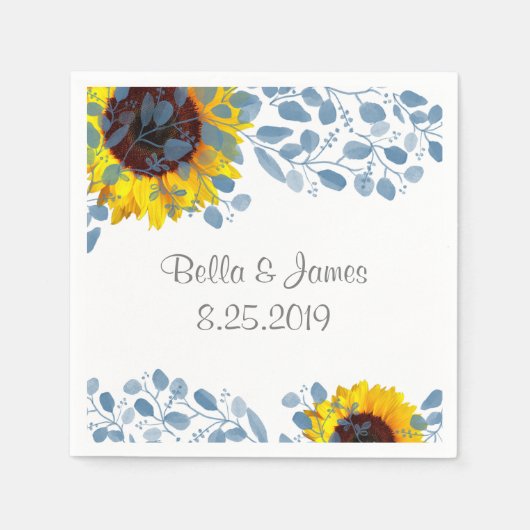 ブルーミングブルーボタニカルヒマワリ紙ナプキンス スタンダードカクテルナプキン (正面)