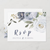 ブルーミングボタニカルダスティブルーフローラ結婚式RSVP インビテーションポストカード (正面/裏面)