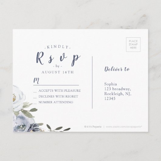 ブルーミングボタニカルダスティブルーフローラ結婚式RSVP インビテーションポストカード (裏面)