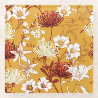 ブルーミングレトロ:未完成のフローララインアート ガラスコースター