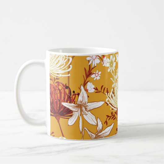 ブルーミングレトロ：未完成のフローララインアート コーヒーマグカップ (左)