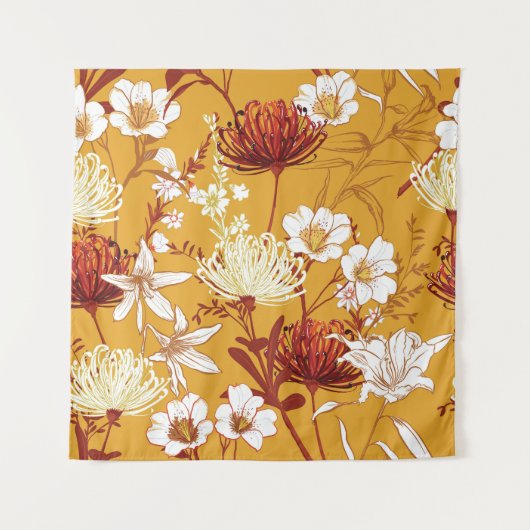 ブルーミングレトロ:未完成のフローララインアート タペストリー (正面)