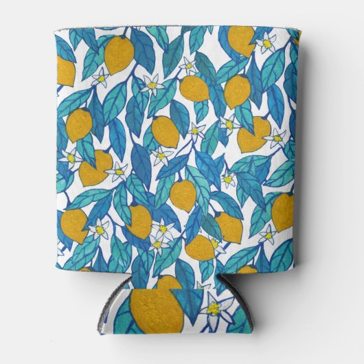 ブルーミングレモン：水彩フローラデザイン。 缶クーラー (正面)