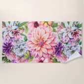 ブルーミング夏のフローラガーデンイラストレーション ビーチタオル (正面)