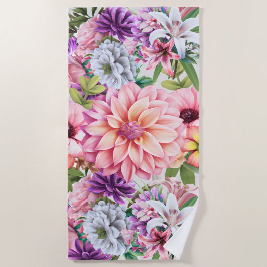 ブルーミング夏のフローラガーデンイラストレーション ビーチタオル (正面)