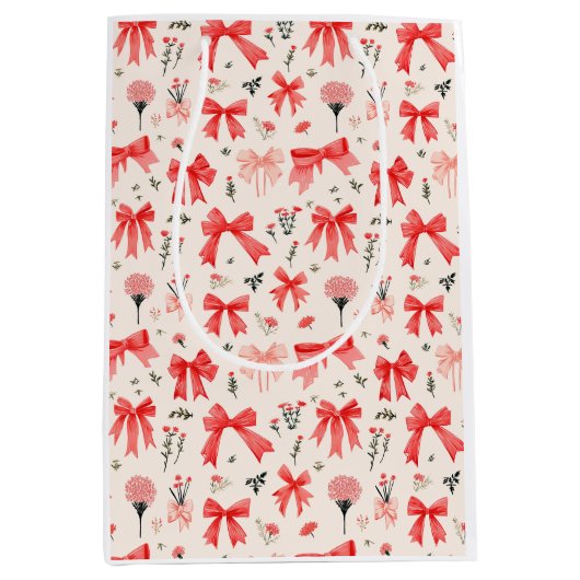 ブルーミング弓 – フローラとリボンパターン ミディアムペーパーバッグ (正面)