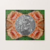 ブルーミング桃のバラフレーム自分の写真を作成 ジグソーパズル (横)