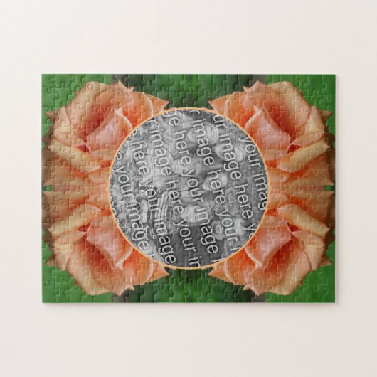 ブルーミング桃のバラフレーム自分の写真を作成 ジグソーパズル (横)