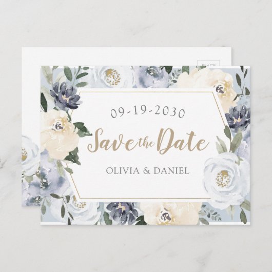 ブルーミング植物性の埃っぽい青色のフローラは日付を保存 案内ポストカード (正面/裏面)