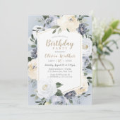 ブルーミング植物性ほこりっぽい青い誕生日パーティー 招待状 (スタンド正面)