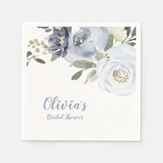 ブルーミング植物性ほこりっぽい青フローラブライダルシャワー スタンダードカクテルナプキン (正面)