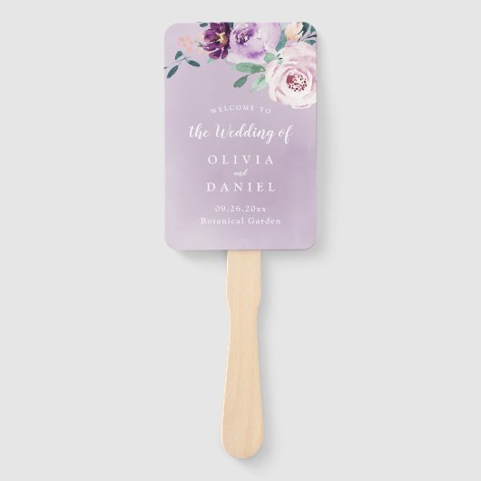 ブルーミング植物紫色のフローラ結婚式プログラム ハンドファン (正面)