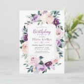 ブルーミング植物紫色のフローラ誕生日パーティー 招待状 (スタンド正面)