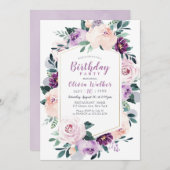 ブルーミング植物紫色のフローラ誕生日パーティー 招待状 (正面/裏面)