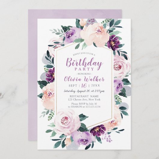 ブルーミング植物紫色のフローラ誕生日パーティー 招待状 (正面/裏面)