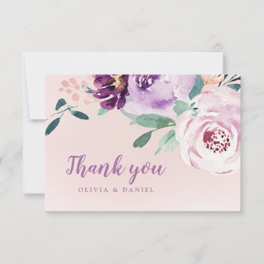 ブルーミング植物紫色の水彩フローラ サンキューカード (正面)