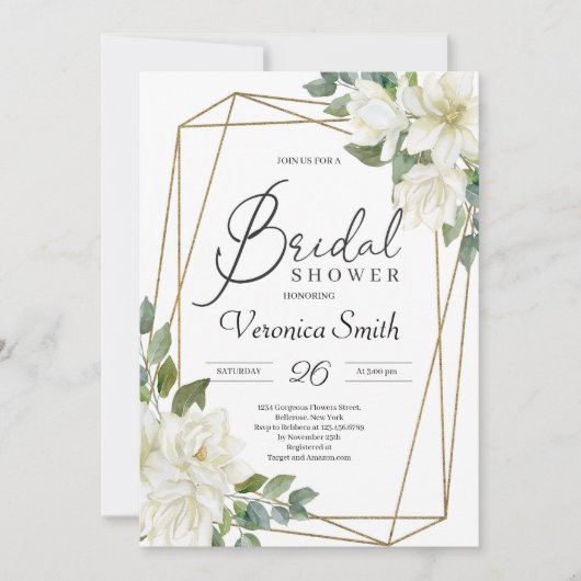 ブルーミング白マグノリアフローラ金ゴールドフレームブライダル 招待状 (正面)