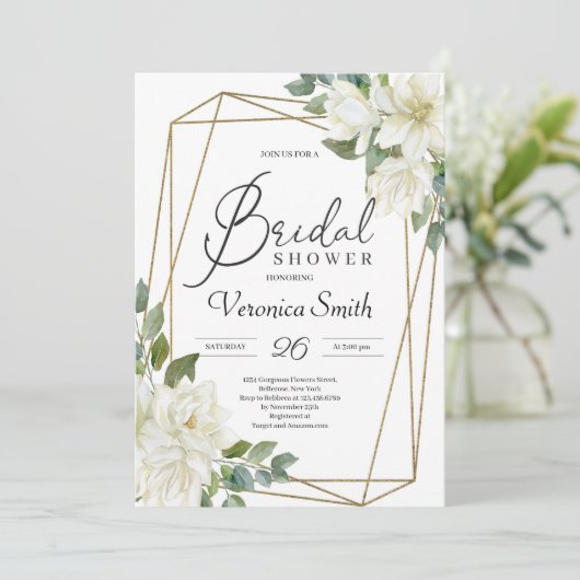 ブルーミング白マグノリアフローラ金ゴールドフレームブライダル 招待状 (スタンド正面)