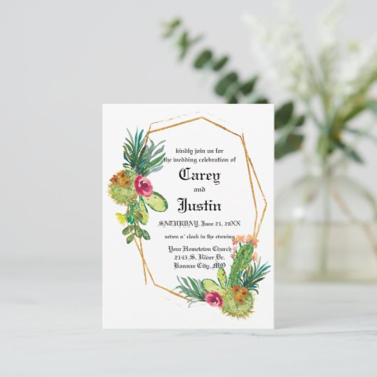 ブルーミング砂漠の多肉的な結婚式はがき ポストカード (スタンド正面)