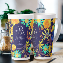 ブルーミング神秘的フローラモノグラムネイビーラテマグ カフェラテマグ