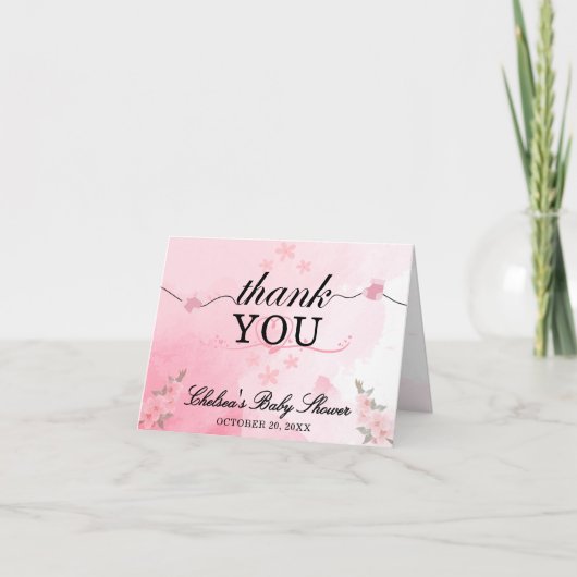 ブルーミング軟水色ピンクフローラ赤ちゃんシャワー サンキューカード (正面)