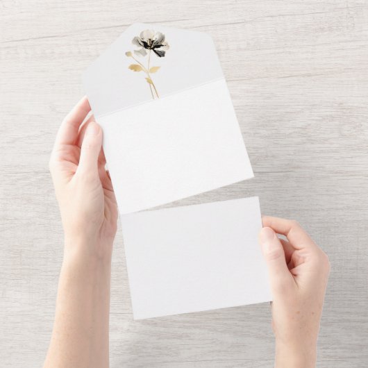 ブルーミング金ゴールド、ブラック&クリーム独身のステム花 オールインワン招待状 (貼ってはがせる)