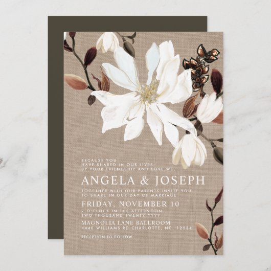 ブルーミングMagnolias Burlap 結婚's 招待状 (正面/裏面)