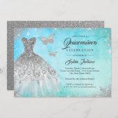 ブルーミントスパークルドレス蝶キンセアニェラインヴィ 招待状 (正面/裏面)