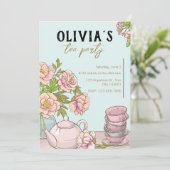 ブルーミントフローラ図解入りの、写真付きのティーパーティの招待状 招待状 (スタンド正面)
