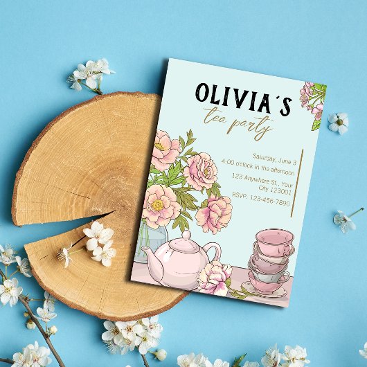 ブルーミントフローラ図解入りの、写真付きのティーパーティの招待状 招待状