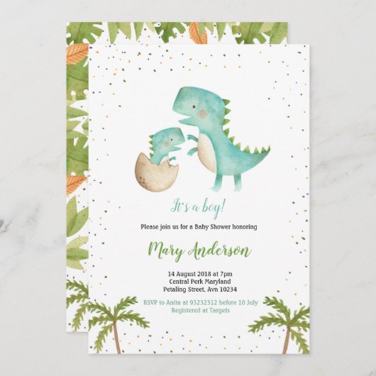ブルーミントボーイ恐竜ベビーシャワー招待状 招待状 (正面/裏面)