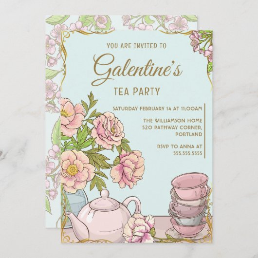 ブルーミントヴィンテージフローラガレンティーズデイティーパーティー 招待状 (正面/裏面)