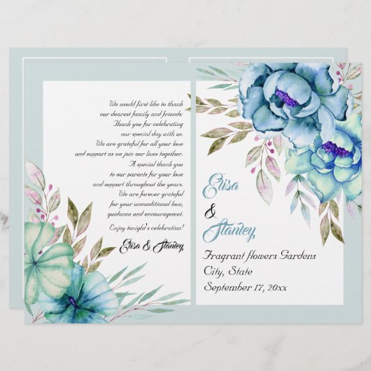 ブルーミント緑の水彩花結婚式プログラム (正面/裏面)