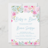 ブルームの中の赤ちゃん 青 ピンク モモ色 花柄 ベビーシャワー 招待状 (正面)