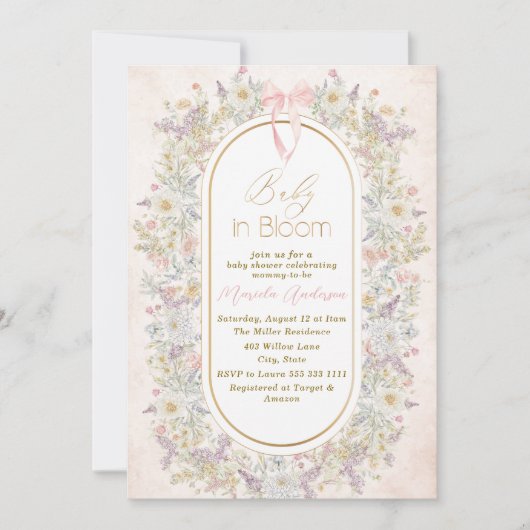 ブルームエレガントピンクの花の水彩ベビーB 招待状 (正面)