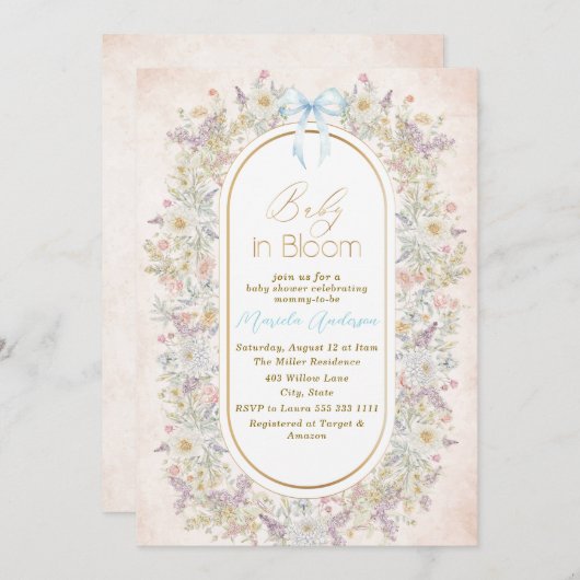 ブルームエレガントピンクの花の水彩ベビーB 招待状 (正面/裏面)