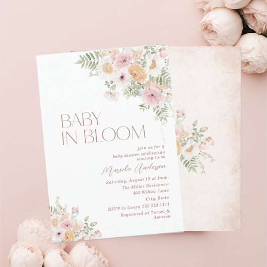 ブルームエレガントピンクの花の水彩ベビーB 招待状