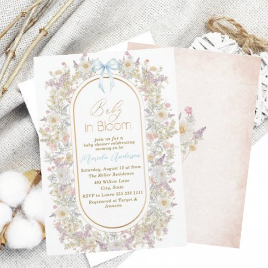 ブルームエレガントピンクの花の水彩ベビーB 招待状