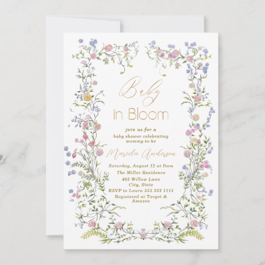 ブルームエレガントピンクの花の水彩ベビーB 招待状 (正面)