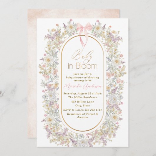 ブルームエレガントピンクの花の水彩ベビーB 招待状 (正面/裏面)
