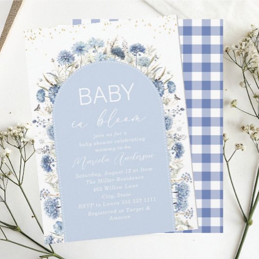 ブルームエレガントブルー花の水彩ベビーB 招待状