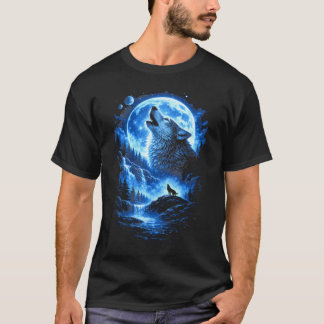 ブルームーンに吠えるオオカミ 森の滝 夜空 Tシャツ