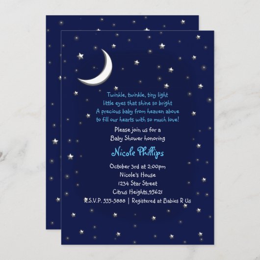 ブルームーン&スターズシアルベビーシャワー招待状 招待状 (正面/裏面)