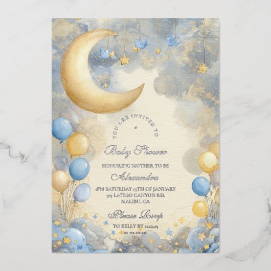 ブルームーン&スターズベビーシャワー 箔招待状 (正面)