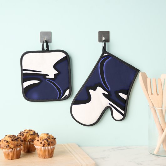 ブルームーン：抽象芸術ブルー、ホワイト、ブラック 鍋つかみ&鍋敷きセット (インサイチュ (吊り下げ))