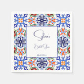 ブルーメキシカンカラフルタイル ブライダルシャワー印刷 スタンダードカクテルナプキン (正面)