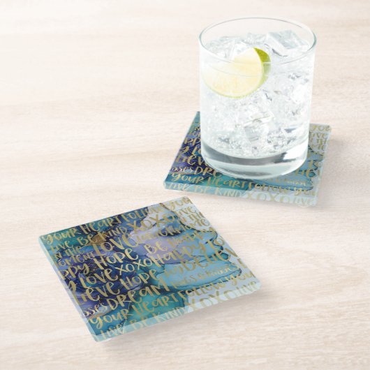 ブルーメス顔金ゴールド感動的引用文 ガラスコースター (アングル)